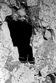 A possible hole through which the Zyklon-B gas was introduced into the subterranean gas chamber