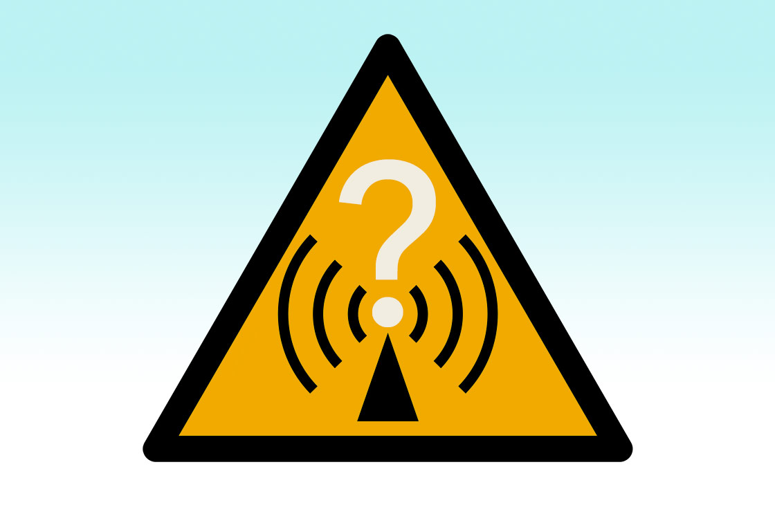 Radio waves hazard symbol (via Wikimedia Commons at https://commons.wikimedia.org/wiki/File:Radio_waves_hazard_symbol.svg), with gradient and question mark added, and yellow changed to Pantone 130