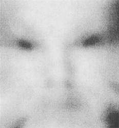 FIGURE 7: The mother’s face immediately after birth. Cloudiness was added to Figure 6 and the image was coincidentally smoothed to remove the residual high spatial frequencies. Squinting at the picture enhances the “UFO alien” effect eve