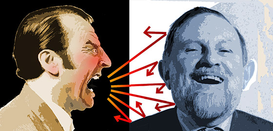 Angry man yelling at happy man (illustration)